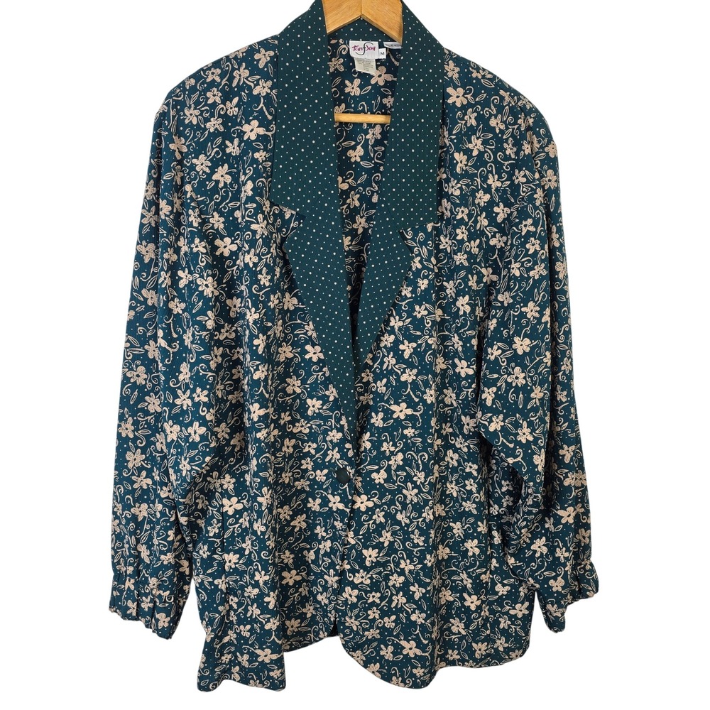 Vintage TanJay‎ Floral Polka Dot Green Cream Blazer Top Jacket Teal Beige M